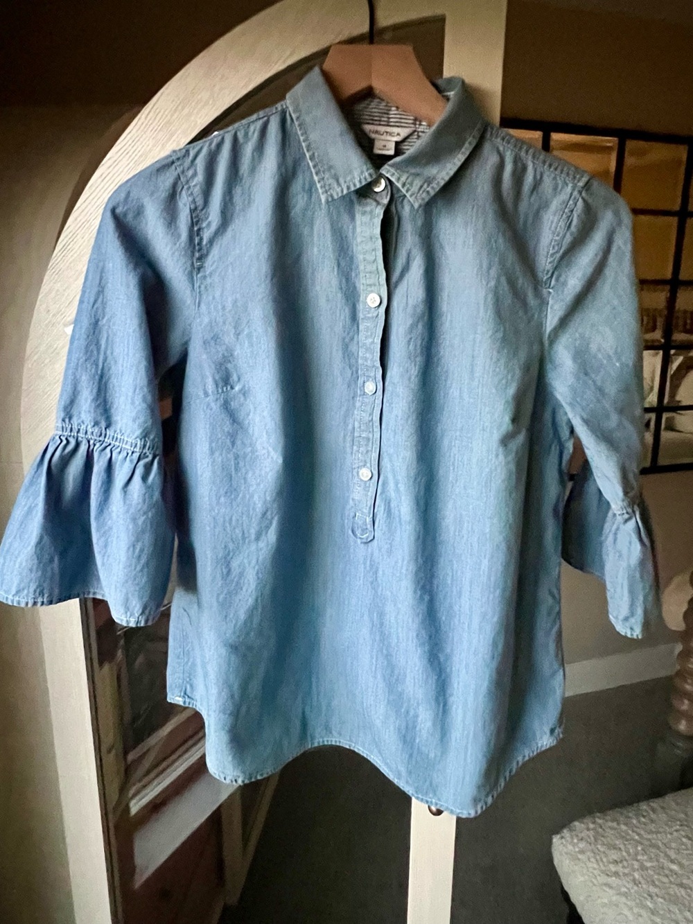 Nautica Light Blue Denim Ladies Ruffle Sleeve Blouse